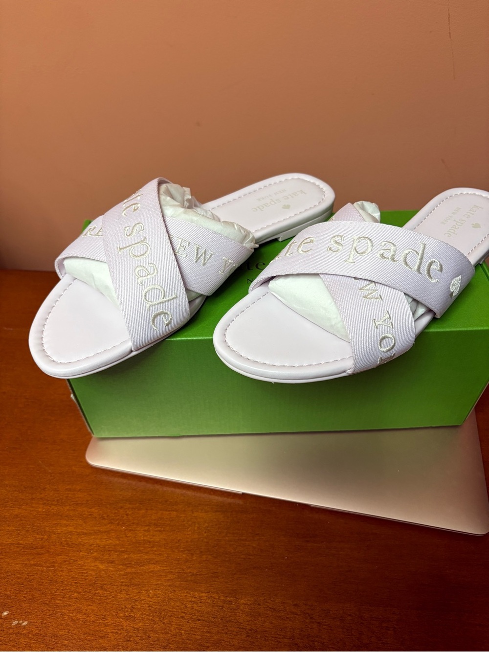 kate spade white crisscross logo slide mules